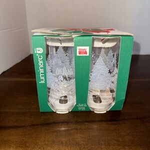 Luminarc Snow Tree Design 16 Oz Tumbler Set of 4 Holiday Glasses Vintage